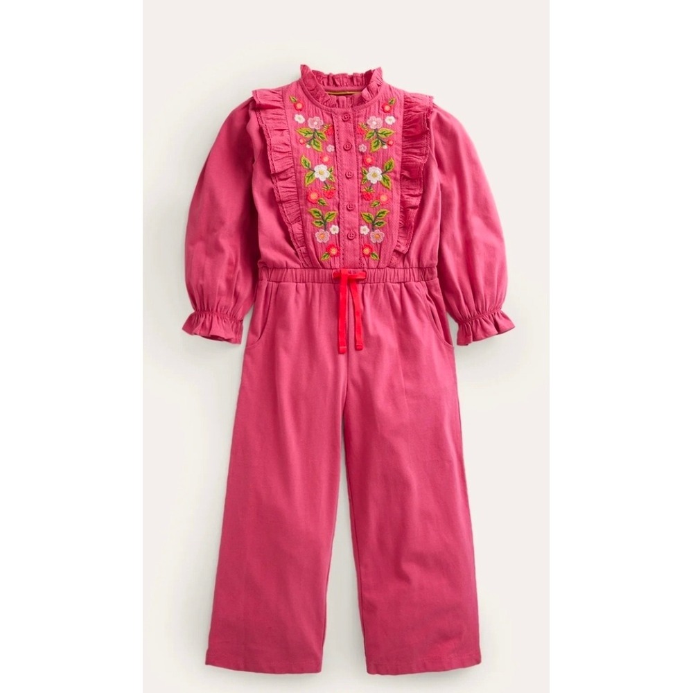 Mini Boden Girls Pink Floral Strawberry Embroidered Jumpsuit‎ 6-7Y Long Sleeve